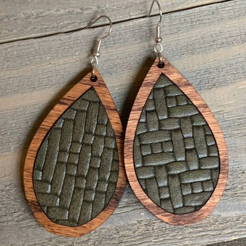Wood Teardrop Earrings with Olive Green Basket Weave Leather